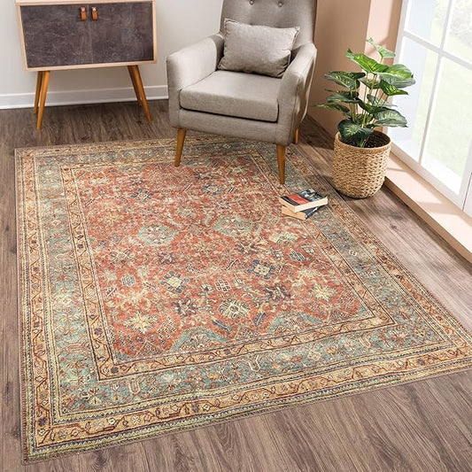 Bloom Rugs Washable Non-Slip 9' x 12' Rug - Terracotta/Mustard Traditional Area Rug for Living Room, Bedroom, Dining Room, and Kitchen - Exact Size: 9' x 12'