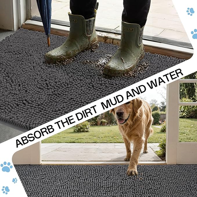 Amyracel Dirt Trapping Door Mat, 48" x 72" Large Absorbent Dog Door Mat for Muddy Paws, Quick Dry Non Slip Chenille Mud Mat for Dogs, Machine Washable Entry Indoor Entryway Rug for Inside Floor