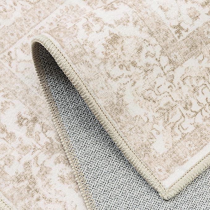 Beige Area Rug 5x7 Machine Washable Vintage Living Room Distressed Non Slip Carpet Traditional Indoor Bedroom Retro Floral Accent Throw Large Rug for Office Kitchen Bathroom Dining Room