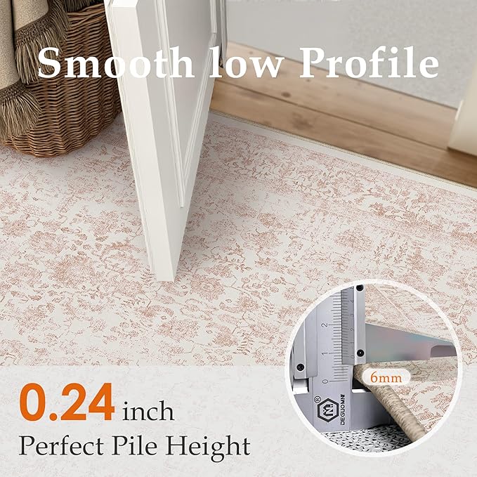 Pink Runner Rug 2x6 Hallway Machine Washable Kitchen Vintage Distressed Non Slip Long Carpet Indoor Retro Floral Bedroom Accent Throw Rug for Bathroom Office Laundry Dining Room