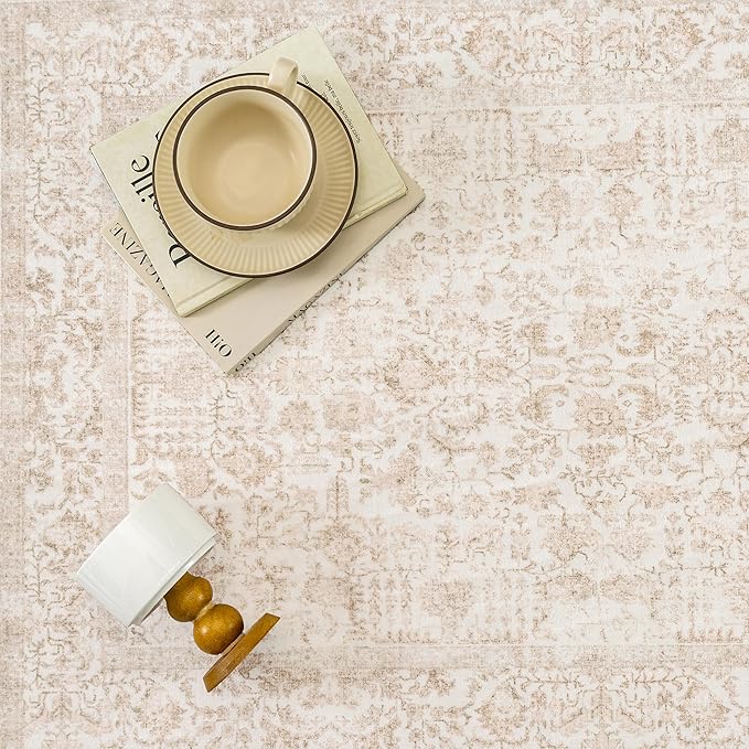 Beige Area Rug 5x7 Machine Washable Vintage Living Room Distressed Non Slip Carpet Traditional Indoor Bedroom Retro Floral Accent Throw Large Rug for Office Kitchen Bathroom Dining Room
