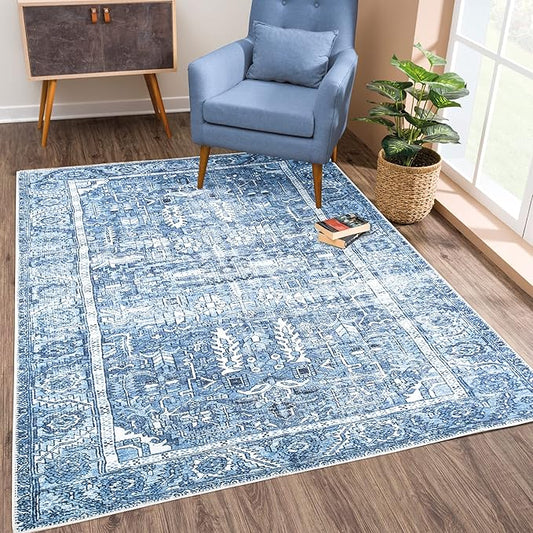 Bloom Rugs Washable Non-Slip 8' x 10' Rug - Blue Traditional Area Rug for Living Room, Bedroom, Dining Room, and Kitchen - Exact Size: 8' x 10'
