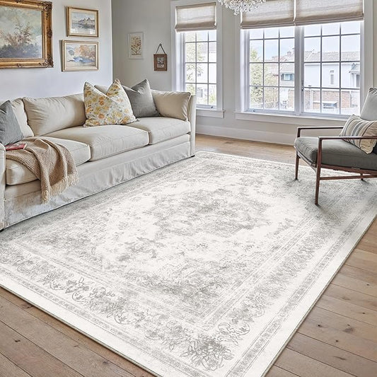 Area Rug 5x7 Washable Light Gray Rug Vintage Boho Medallion Large Grey Distressed Retro Carpet for Living Room Non Slip Indoor Low Pile Small Soft Bedroom Dining Room Home Office