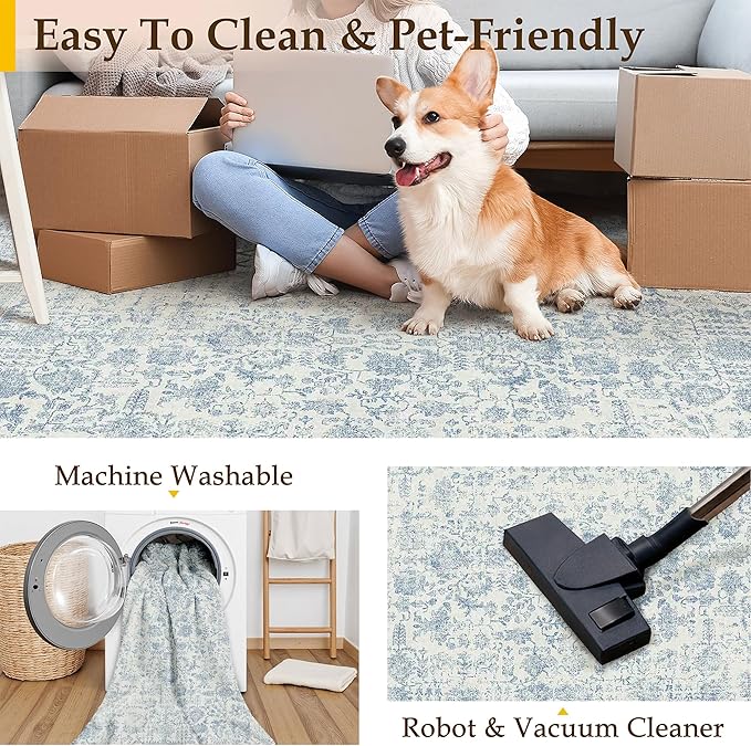 Blue Runner Rug 2x12 Hallway Machine Washable Kitchen Vintage Distressed Non Slip Long Carpet Indoor Retro Floral Bedroom Accent Throw Rug for Bathroom Office Laundry Dining Room