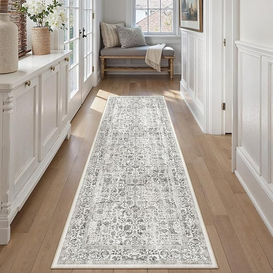 Black Runner Rug 2'6"x14' Washable Carpet for Hallway Kitchen Vintage Distressed Non Slip Indoor Retro Floral Bedroom Accent Throw Long Rug Bathroom Office Laundry Dining Living Room