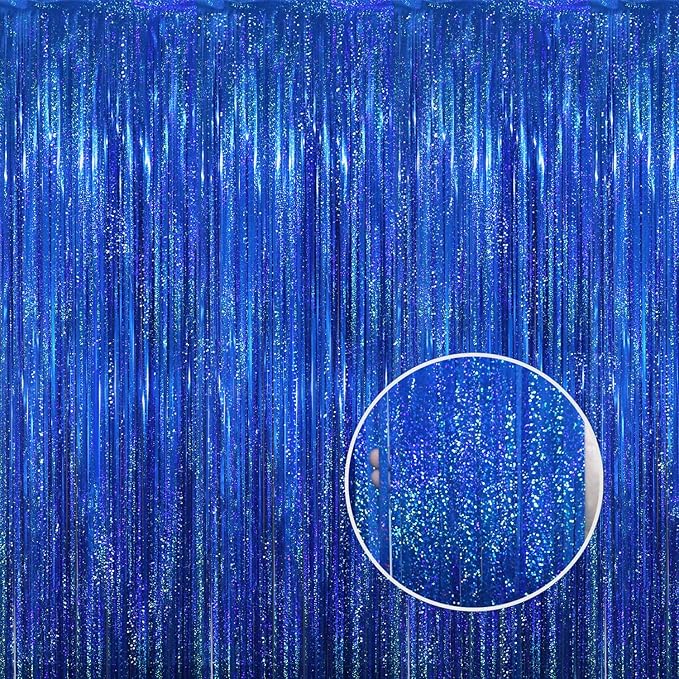 GOER 3.2 ft x 8.2 ft Metallic Tinsel Foil Fringe Curtains Party Photo Backdrop Party Streamers for Birthday,Graduation,New Year Eve Decorations Wedding Decor(1 Pack,Shiny Blue)