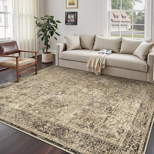 6x9 Area Rug Washable Vintage Neutral Living Room Carpet Large Indoor Non Slip Brown Bedroom Distressed Low Pile Retro Accent Throw Rug for Dining Room