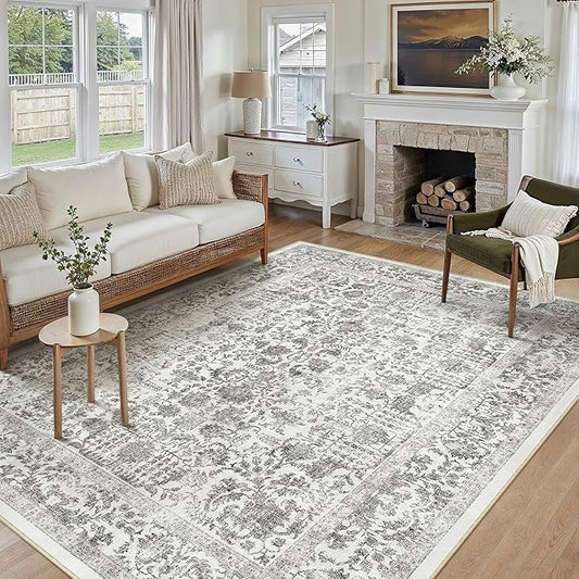 Black Area Rug 6x9 Machine Washable Vintage Living Room Distressed Non Slip Carpet Traditional Indoor Bedroom Retro Floral Accent Throw Large Rug for Office Kitchen Dining Room