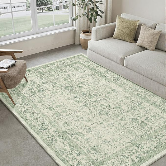 Sage Green Area Rug 5x8 Living Room Washable Carpet Vintage Distressed Non Slip Kitchen Carpet Neutral Low Pile Retro Floral Farmhouse Throw Rug for Home Office Bedroom Laundry Dining Room