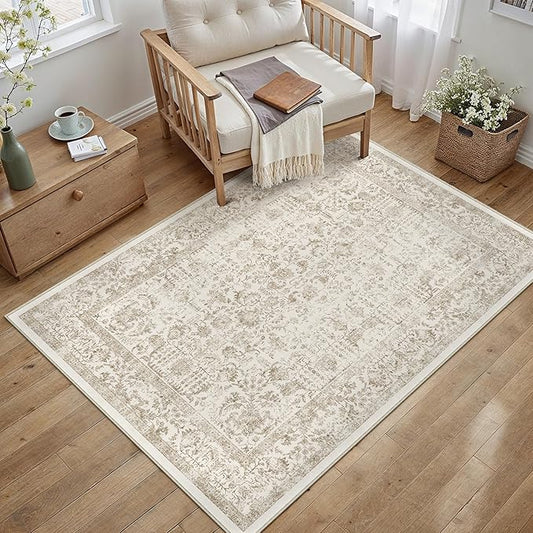 Light Brown Area Rug 3x5 Office Entryway Rug Machine Washable Kitchen Vintage Distressed Non Slip Carpet Indoor Retro Floral Accent Throw Door Mat for Bathroom Bedroom Dining Living Room